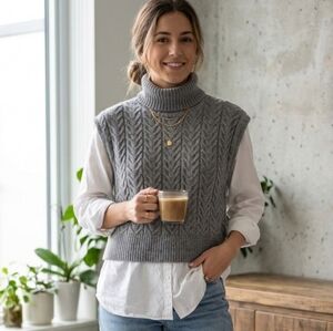 Ruby moon Gray Cable Knit Sleeveless Turtleneck Sweater Vest With Built-in Shirt